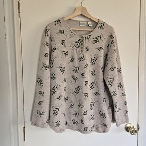 Classic Elements Floral Patterned Ribbed Long Sleeve Top Women's L Tan And Green